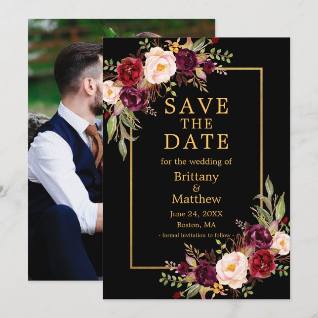 Burgundy-Rose mit schwarzem Goldrahmen-Foto Save The Date (Vorne/Hinten)