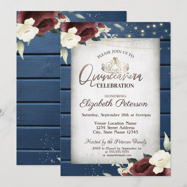 Burgundy-Rose, Navy Blue Wood Quinceañera Einladung (Vorne/Hinten)