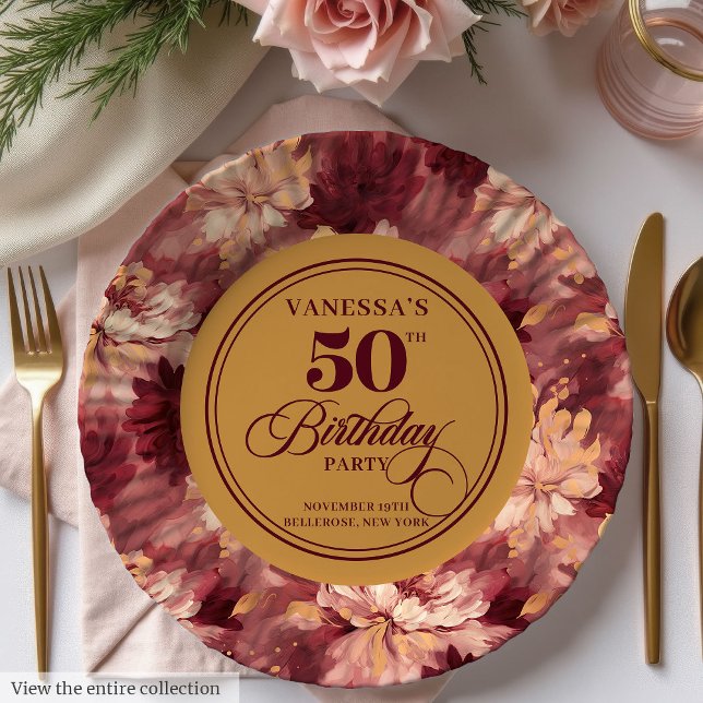 Burgundy-Rose Pappteller (Burgundy blush gold roses woman 50th birthday Paper Plates)