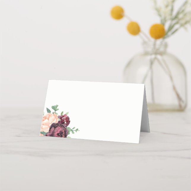 Burgundy Rose Peach Peony Floral Platzkarte (Vorderseite)