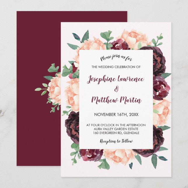 Burgundy Rose Peach Peony Floral Wedding Einladung (Vorne/Hinten)