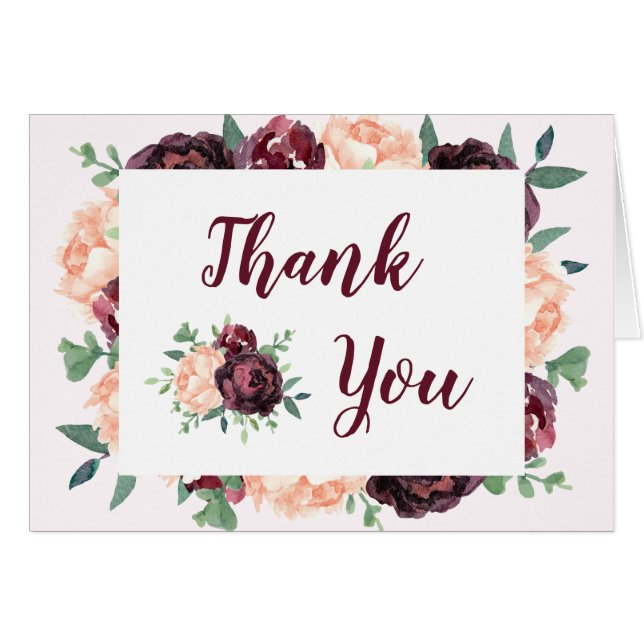 Burgundy Rose Peach Peony Wedding Danke Karte (Vorderseite (Horizontal))