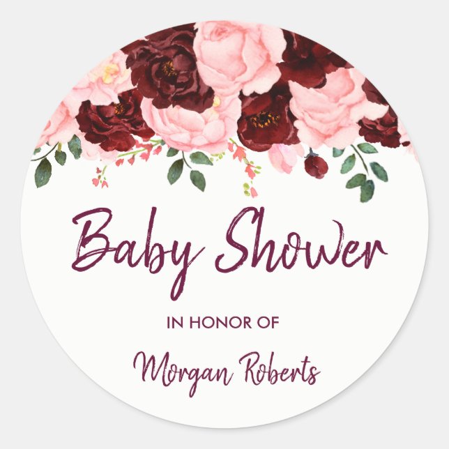 Burgundy Rose & Pink Blush Blütendusche Runder Aufkleber (Vorderseite)