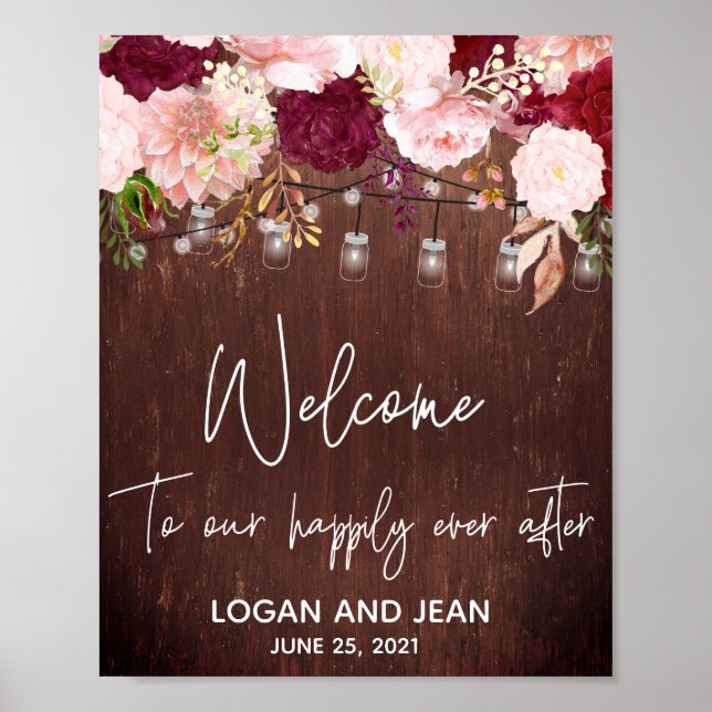 Burgundy Rose Pink Floral Mason Jar Begrüßungszeic Poster (Vorne)