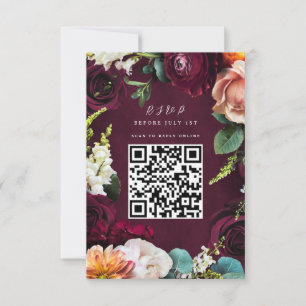 Burgundy Rose Ranunculus Wedding QR Code RSVP Karte
