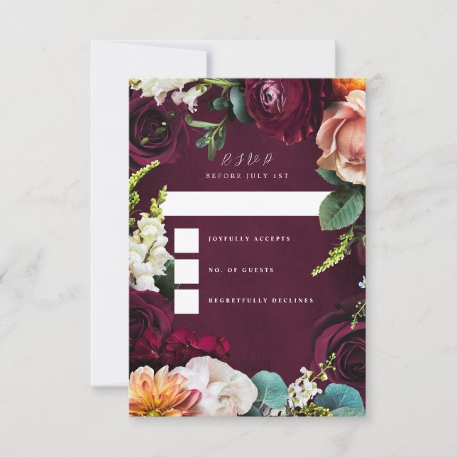 Burgundy Rose Ranunculus Wedding RSVP Einladung (Vorderseite)