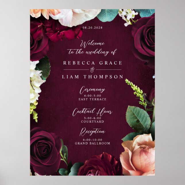 Burgundy Rose Ranunculus Wedding Willkommen Poster (Vorne)