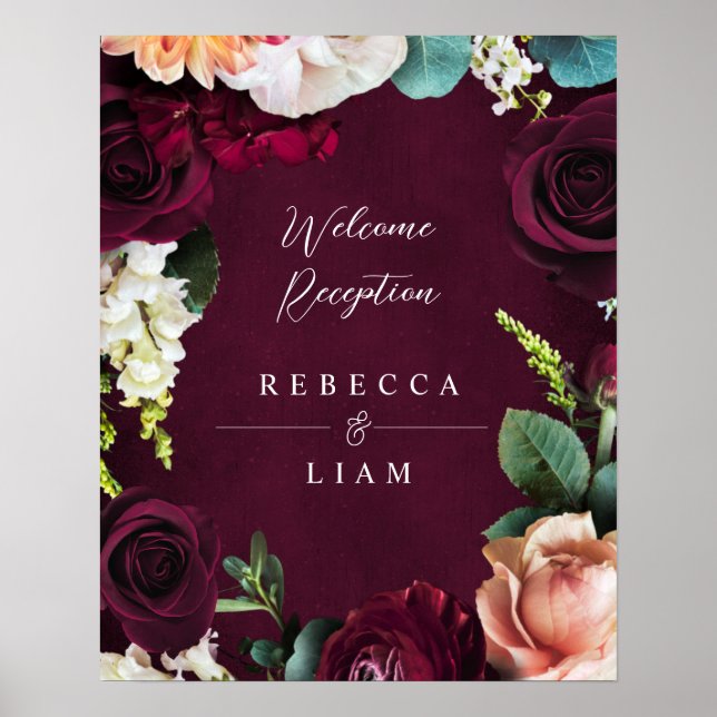 Burgundy Rose Ranunculus Wedding Willkommen Poster (Vorne)