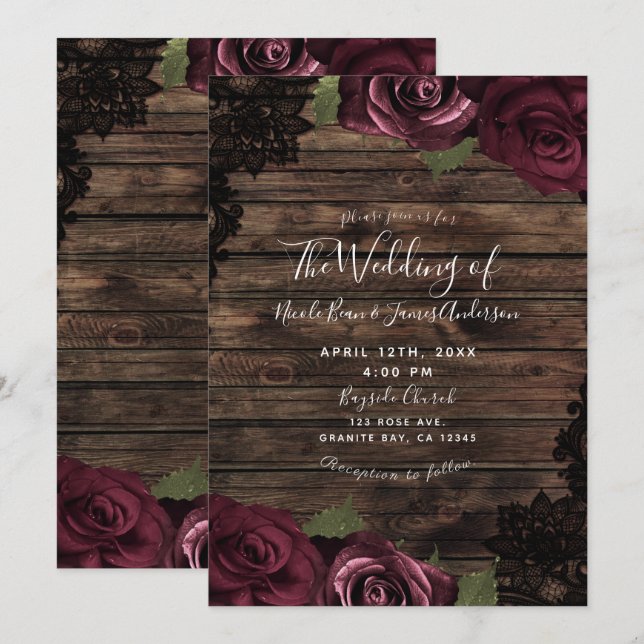 Burgundy Rose Rustikale Hochzeit aus Holz Einladung (Vorne/Hinten)