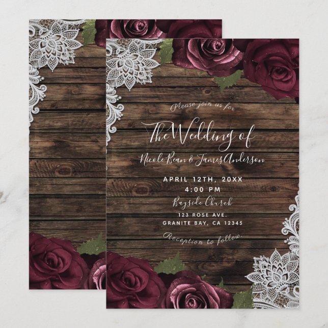 Burgundy Rose Rustikale Holzlace Hochzeit in Einladung (Vorne/Hinten)