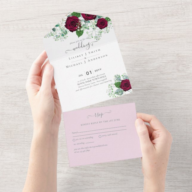 Burgundy Rose Sage Eukalyptus Wedding All In One Einladung (Abreißen)
