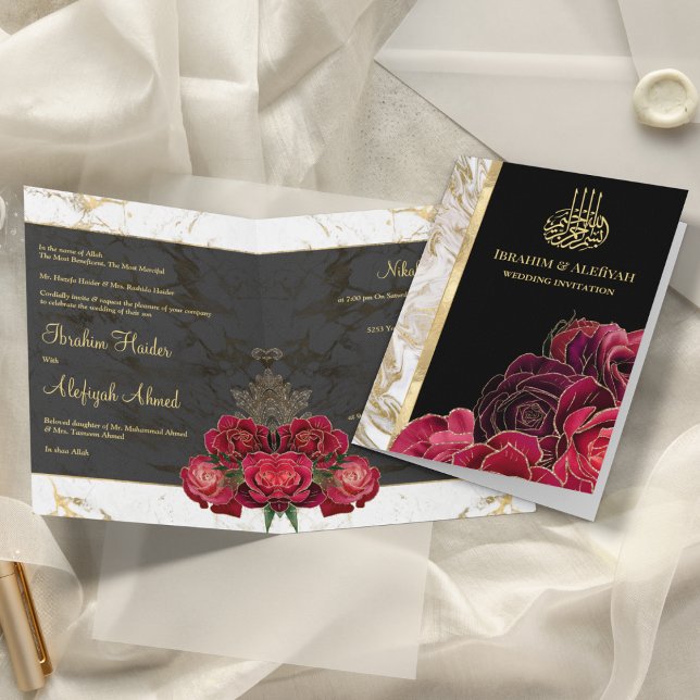 Burgundy Rose Schwarzes Gold Marmor muslimische Ho Einladung (Von Creator hochgeladen)