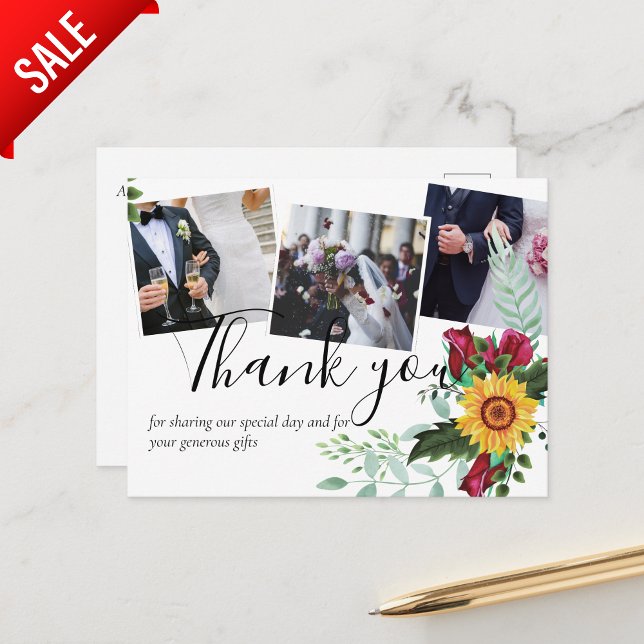 Burgundy Rose Sonnenblumen FOTO Danke Postcard Postkarte (Von Creator hochgeladen)