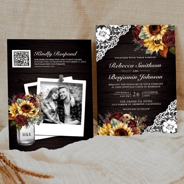 Burgundy Rose Sonnenblumenkolonne QR Hochzeit Einladung (Von Creator hochgeladen)