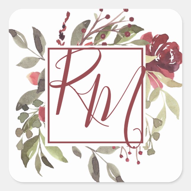 Burgundy Rose Square Monogram Aquarell Quadratischer Aufkleber (Vorderseite)