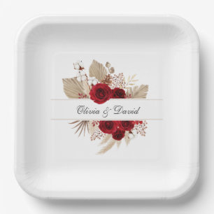 Burgundy Rose und Pampas Grass Wedding Pappteller