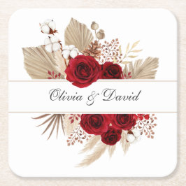 Burgundy Rose und Pampas Grass Wedding Rechteckiger Pappuntersetzer