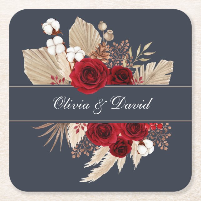 Burgundy Rose und Pampas Grass Wedding Rechteckiger Pappuntersetzer (Vorderseite)