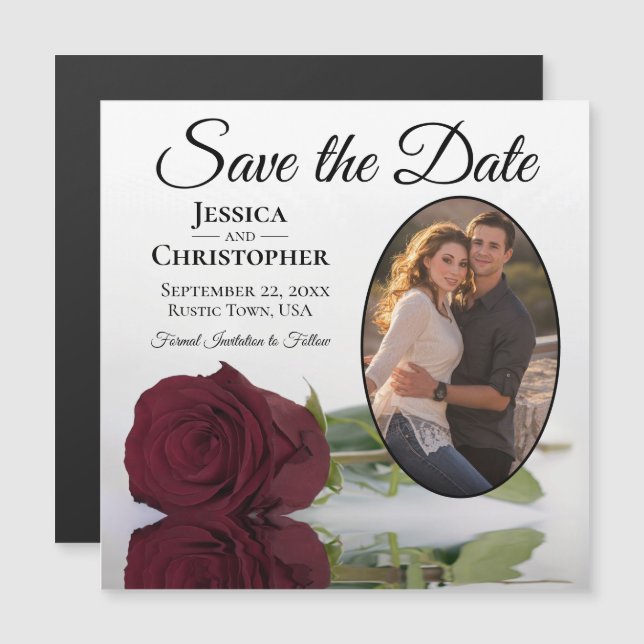 Burgundy Rose Wedding Save the Date Foto Magnet (Vorne/Hinten)