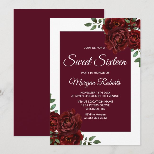 Burgundy Rose Weißer Border Sweet 16 Einladung (Vorne/Hinten)