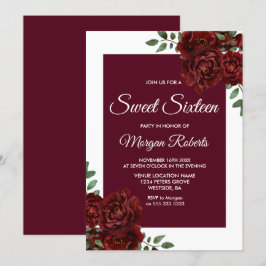 Burgundy Rose Weißer Border Sweet 16 Einladung