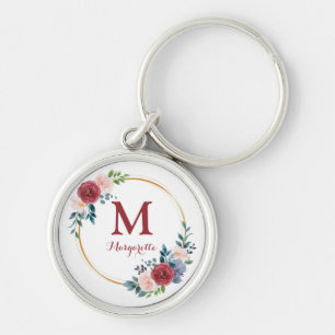 Burgundy Rose Wreath Custom Monogram & Name Schlüsselanhänger