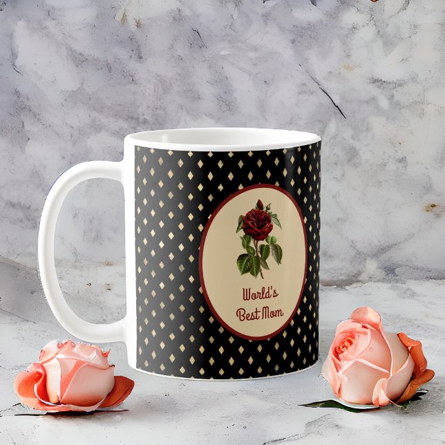 Burgundy-Rose zur besten Mama der Welt auf Black H Kaffeetasse (Von Creator hochgeladen)