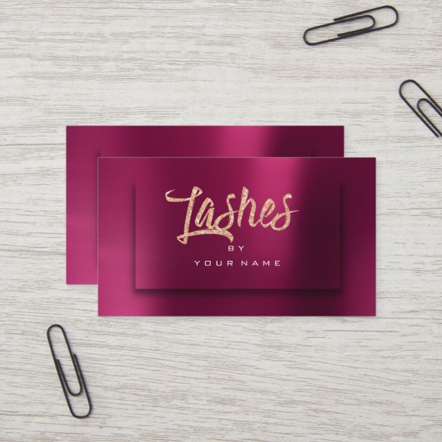 Burgundy RoseGold Metallic Typograph Makeup Lashes Visitenkarte (Vorderseite/Rückseite Beispiel)
