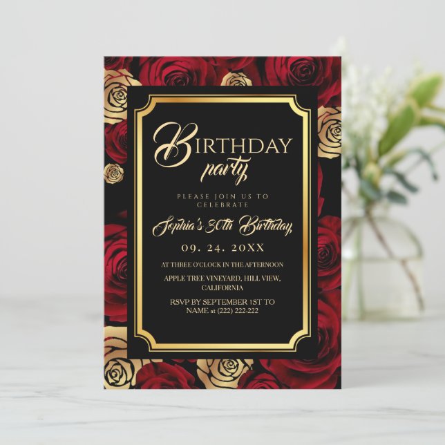  Burgundy Roses Birthday Party Invitation (Debout devant)