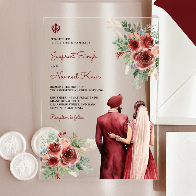 Burgundy Roses Floral Indian Punjabi Sikh Wedding Acryleinladungen (Von Creator hochgeladen)