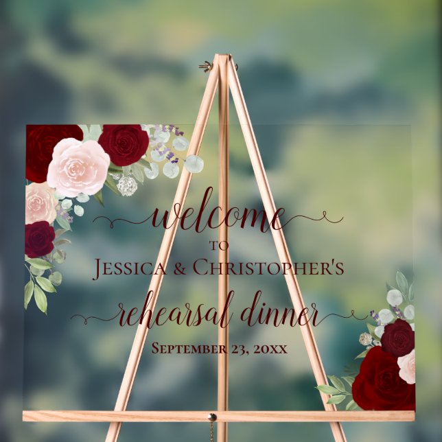 Burgundy Roses Wedding Rehearsal Dinner Welcome Acrylschild (Neutral)