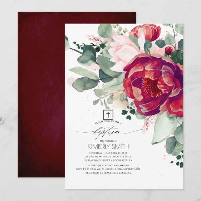 Burgundy Rot und Rosa Blütenrosa Elegante Taufe Einladung (Vorne/Hinten)