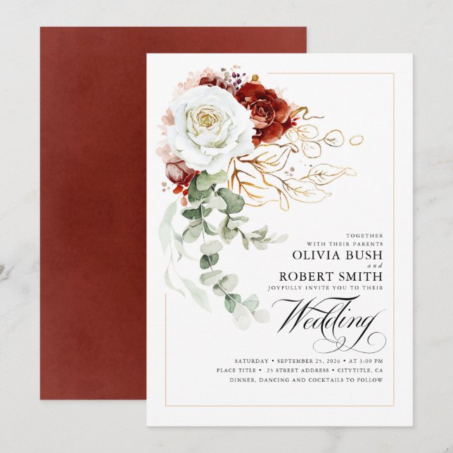 Burgundy Rot und Weiß Blume Elegante Hochzeit Einladung (Vorne/Hinten)