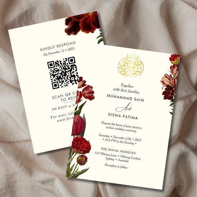 Burgundy Rote Blumenmuslime Islamische Nikah Einladung (Von Creator hochgeladen)
