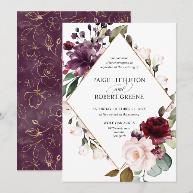 Burgundy Rote Rose Blumenrahmen Hochzeit Einladung (Vorne/Hinten)
