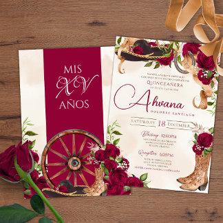 Burgundy Rote Rose Charro Western Quinceanera Einladung