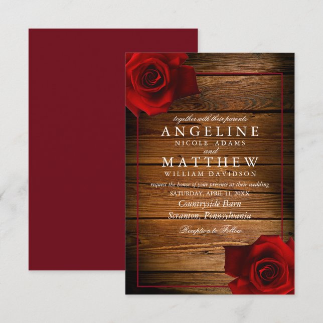 Burgundy Rote Rose Rustic Wood Wedding Einladung (Vorne/Hinten)
