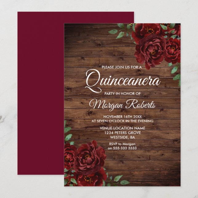 Burgundy Rote Rose Rustikaler Wald Quinceanera Ein Einladung (Vorne/Hinten)