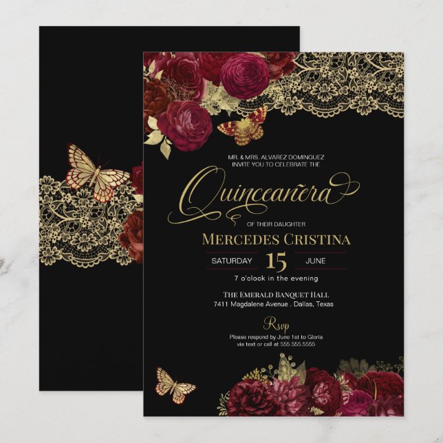 Burgundy Rote Rosen Gold Lace Butterfly Quinceañer Einladung (Vorne/Hinten)