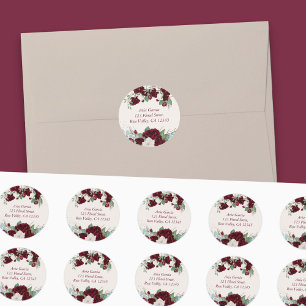 Burgundy Rote Rosen und Eucalytus Name und Anschri Runder Aufkleber