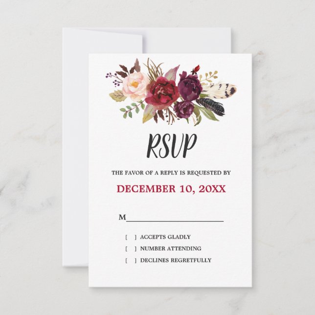 Burgundy Rouge Floral Rustique Bohème RSVP (Devant)