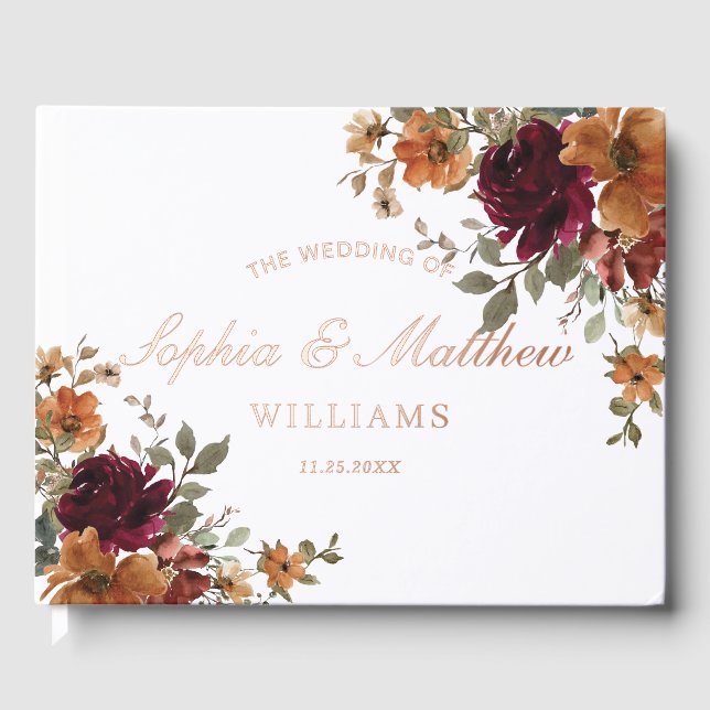 Burgundy Rust Burnt Orange Copper Floral Wedding Gästebuch (Vorderseite)