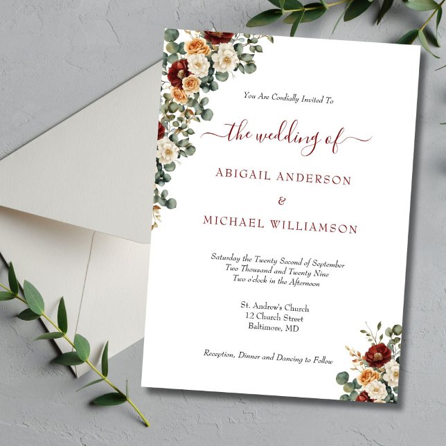 Burgundy Rust Cream Floral Elegante Hochzeit Einladung (Burgundy Rust Cream Floral Elegant Wedding Invitation)