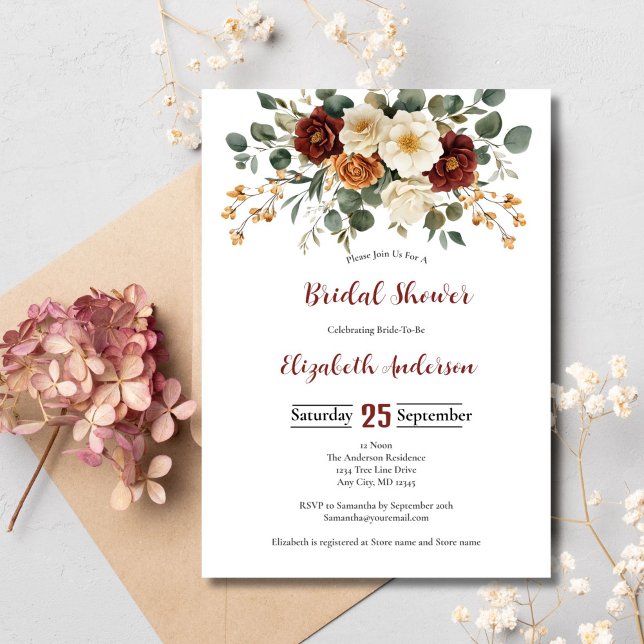 Burgundy Rust Cream Florals Brautparty Einladung (Burgundy Rust and Cream Floral Bridal shower invitation)