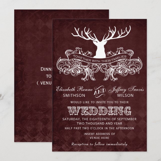 Burgundy Rustic Antler Deer Woodland Wedding Einladung (Vorne/Hinten)