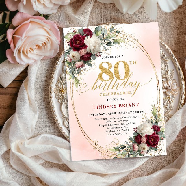 Burgundy Rustic Boho Floral 80th Birthday Invite Einladung (Burgundy Rustic Boho Floral 80th Birthday Invitation)
