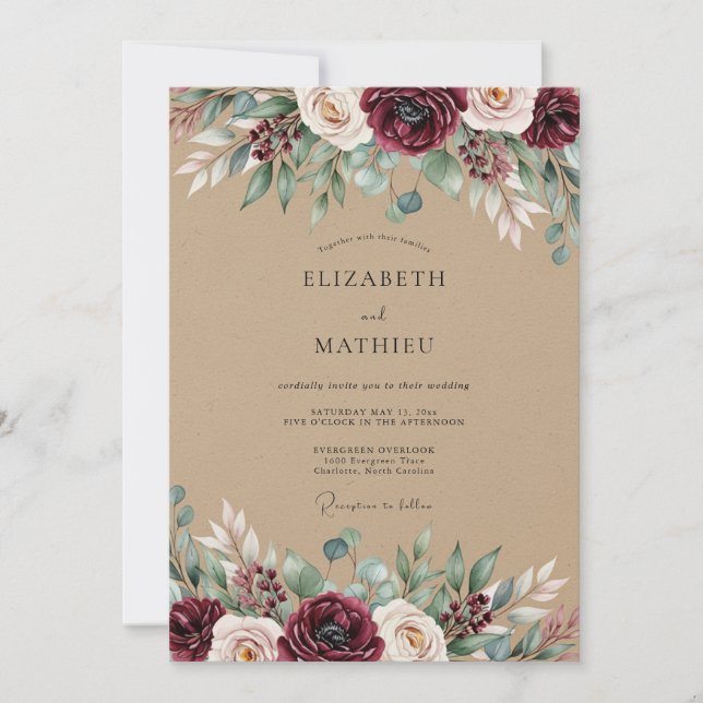 Burgundy Rustic Botanical Wedding Einladung (Vorderseite)