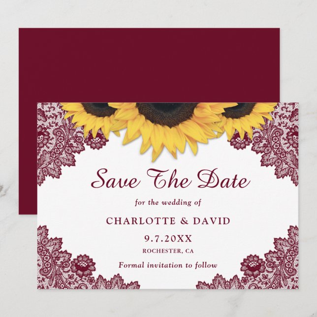 Burgundy Rustic Chic Sonnenblumen Hochzeit Save The Date (Vorne/Hinten)