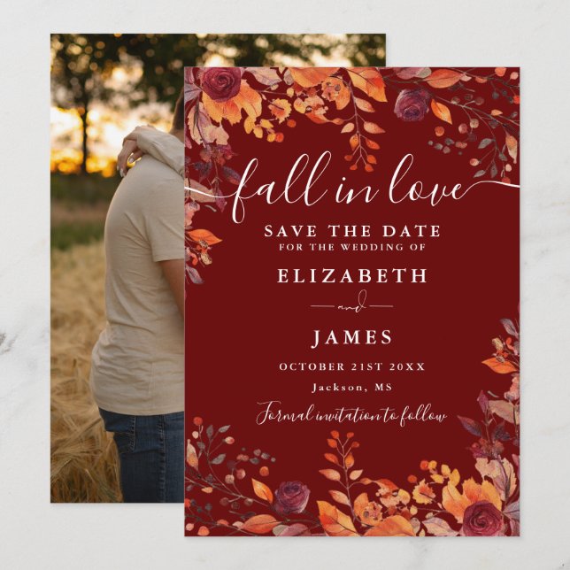 Burgundy Rustic Fall Autumn Photo Wedding Save The Date (Vorne/Hinten)
