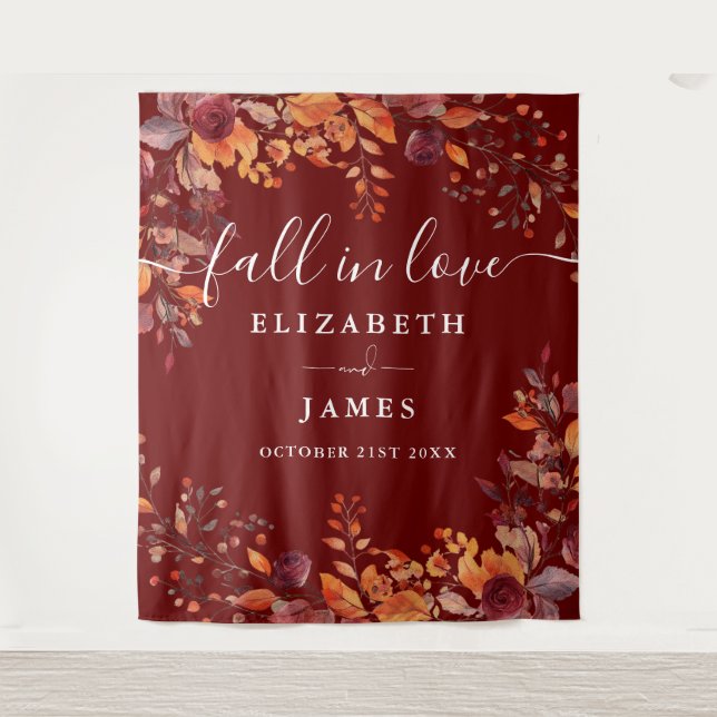 Burgundy Rustic Fall Floral Photo Booth Backdrop Wandteppich (Vorderseite)
